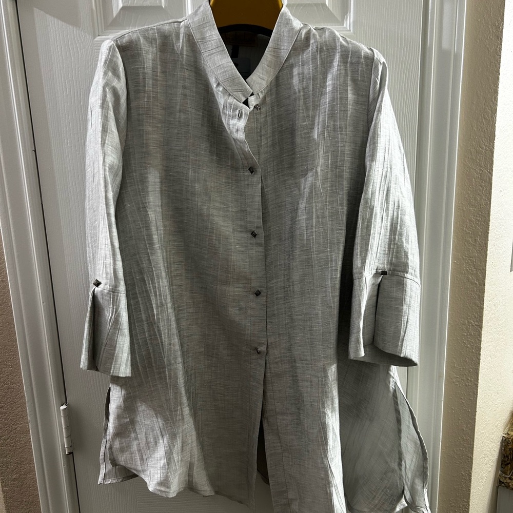 Champaign Shimmer Button-Up Linen Tunic with matching shell under blouse